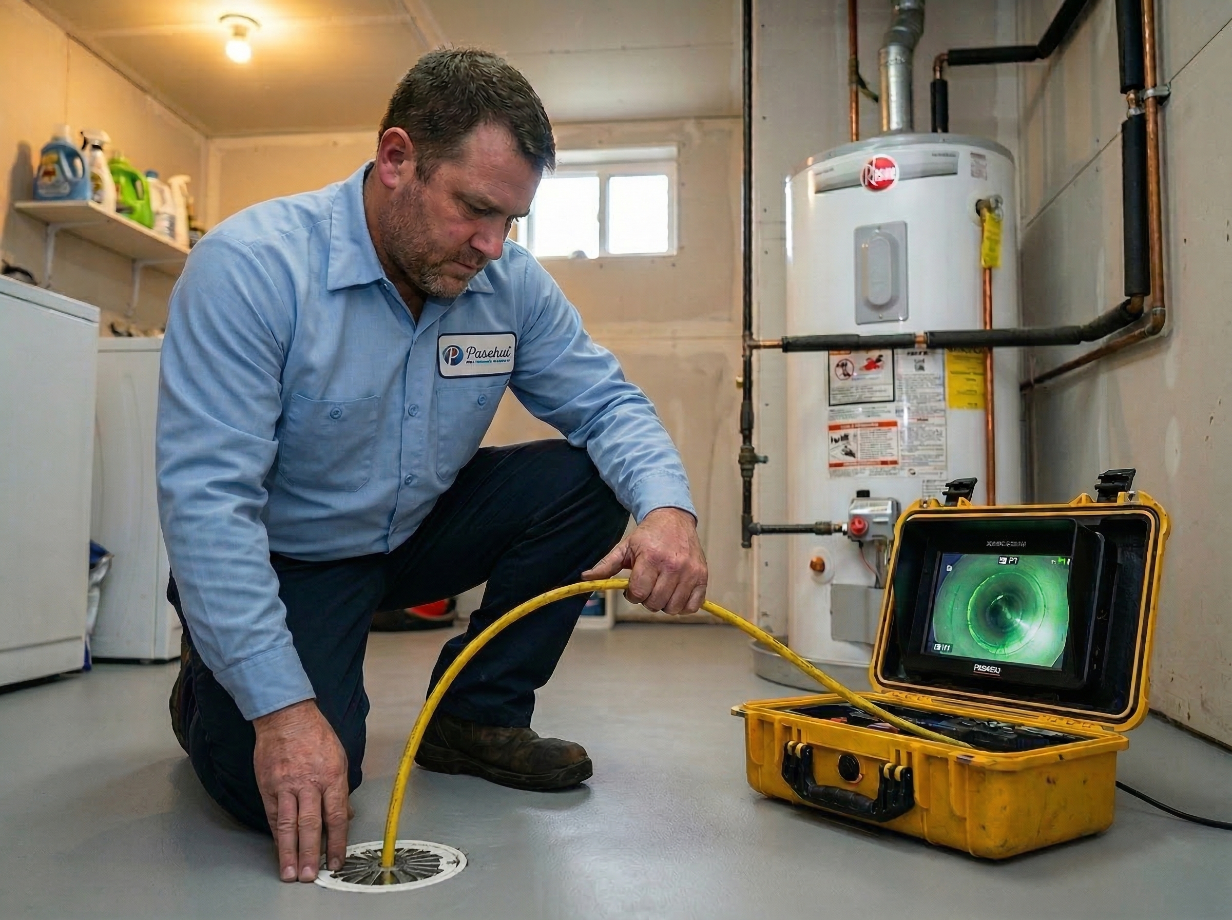 Paschal plumber using RIDGID camera in residential utility room