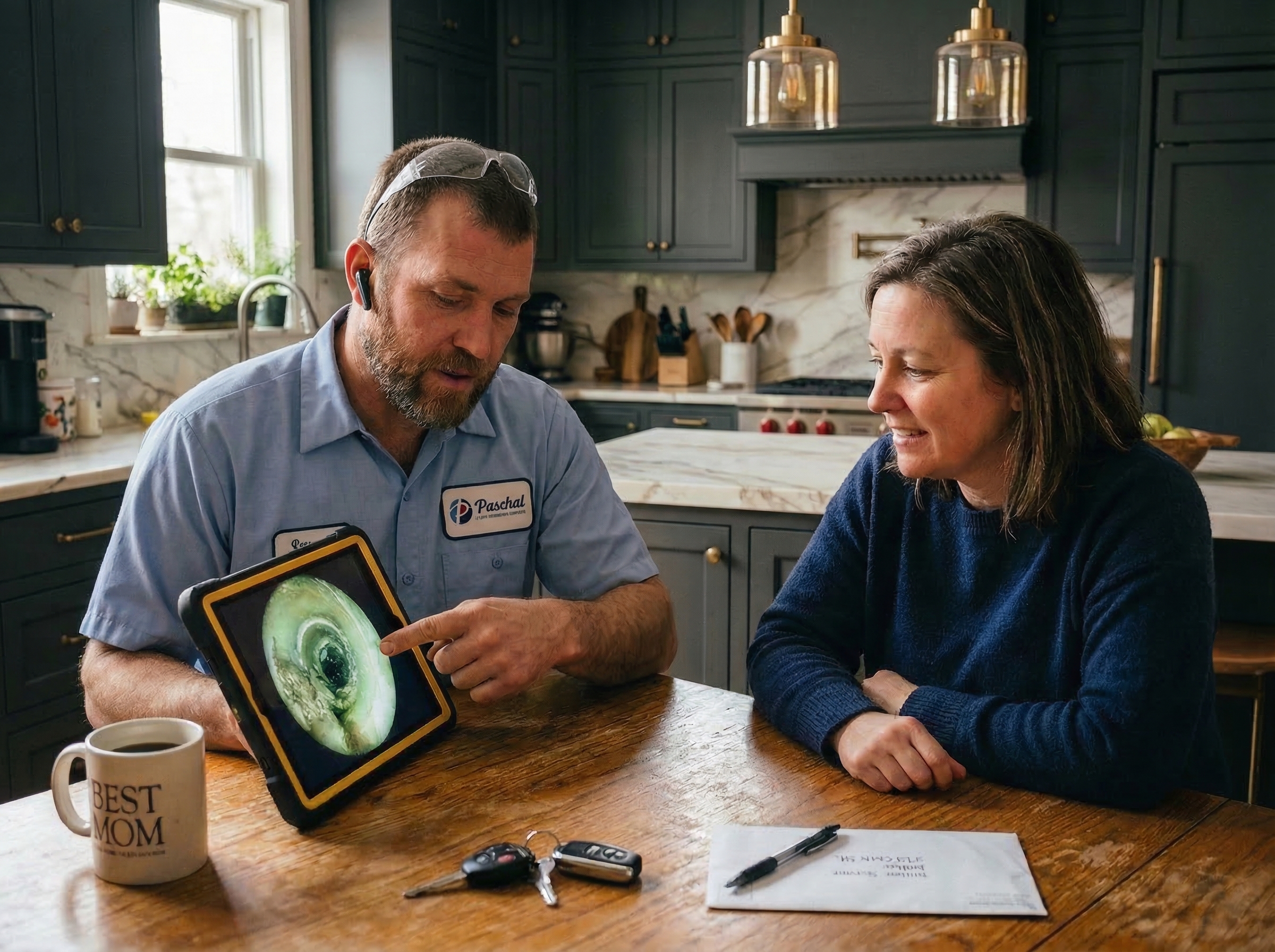 Paschal plumber showing homeowner camera inspection results on tablet at kitchen table