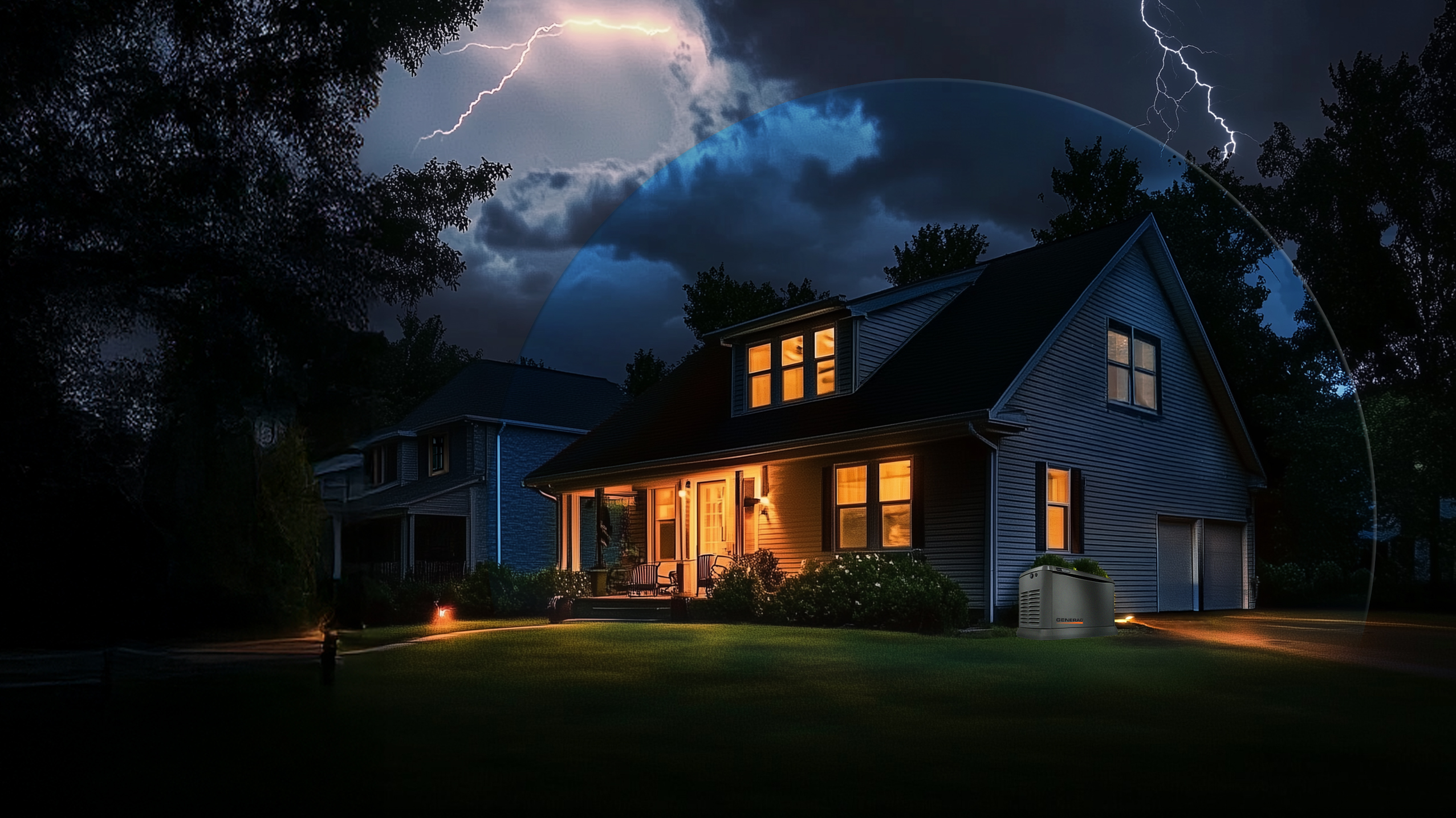 Whole-home generator running during a storm outage